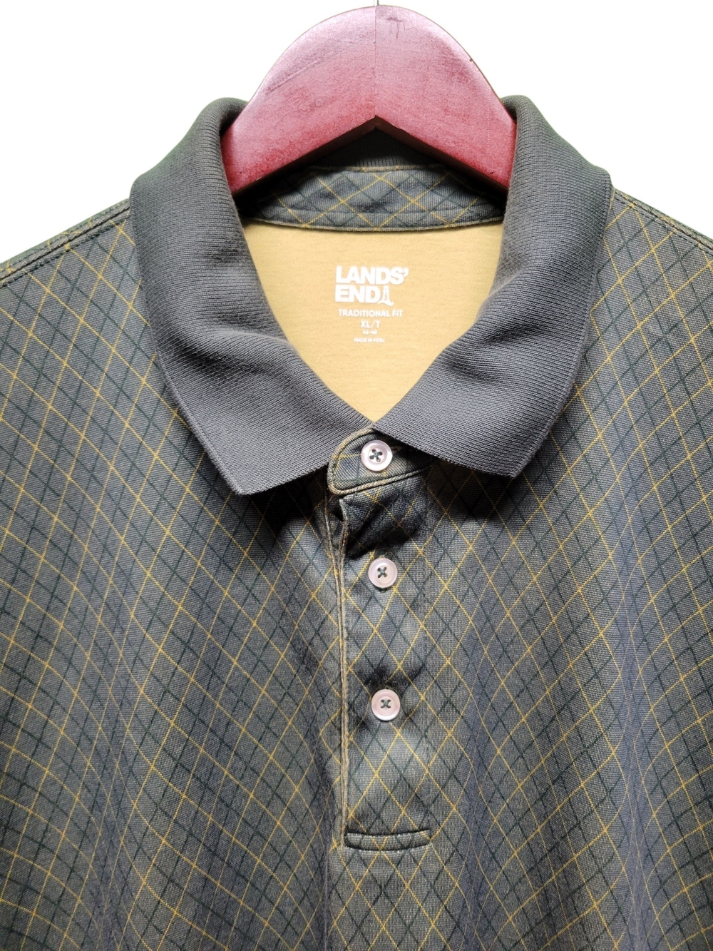 Lands' End Olive Green Diamond-Check Polo